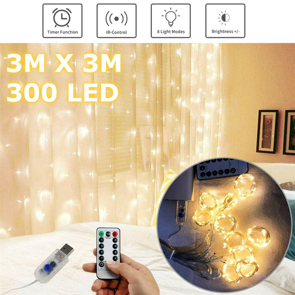 300 LED Curtain Lights String 3m x 3m USB Waterproof Twinkle Party Wal ...