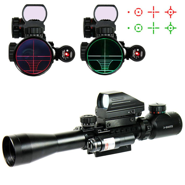 3-9X40 Tactical Rifle Scope + Red Green 4 Reticle Holographic Sight & Red Laser