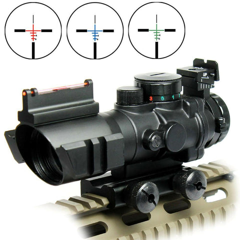 4X32 Prismatic Rifle Scope with Fiber Optic Sight Tri-illuminated BDC Recticle